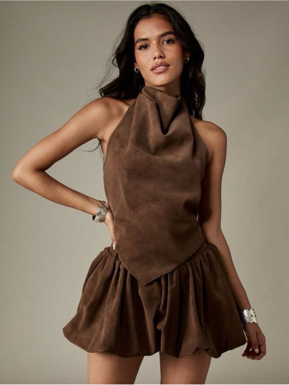 Brown Halter top and bubble shorts  with Draped Bodice